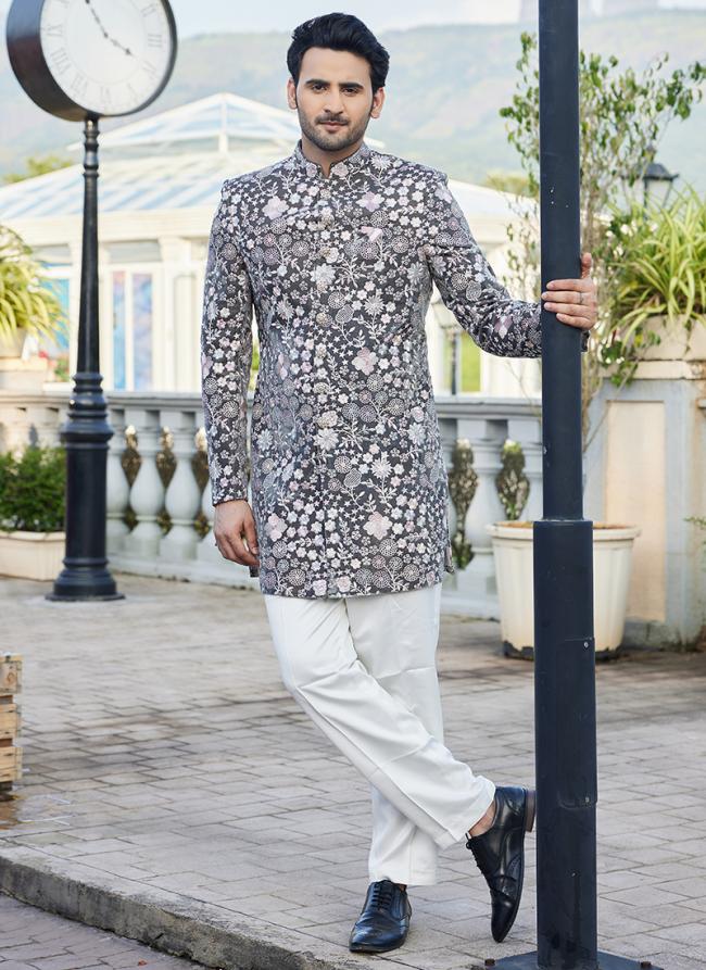 Velvet Grey Wedding Wear Thread Work Readymade Jodhpuri Suit